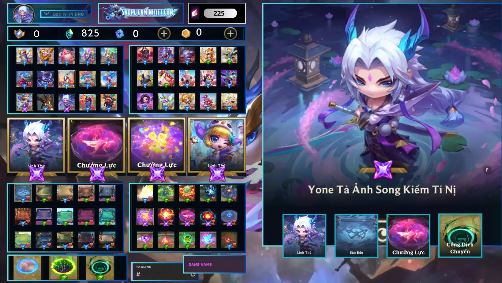 - Yone Tà Ảnh Song Kiếm Kèm Chưởng - Dư 0 Huy Chương - 0 Vàng - 7 Tím - 0 Sàn Tím - Dư 825 Pha Lê - 4 Tí Nị Thường - 8 Sàn Đỏ - Chưởng Lực Như Ảnh - Rank TFT Bạc 4